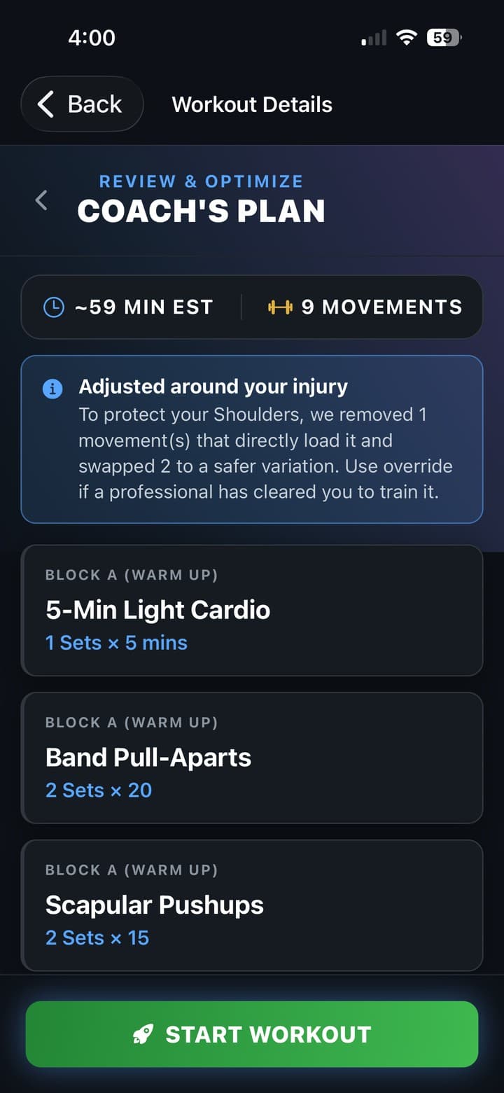 SPOTTR Coach's Plan screen showing a workout automatically adjusted around a shoulder injury