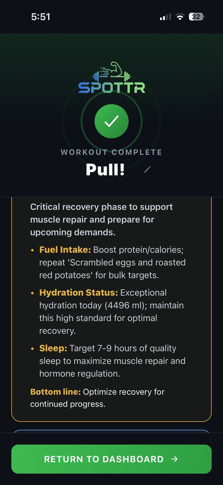 SPOTTR post-workout debrief screen with fuel, hydration and sleep guidance